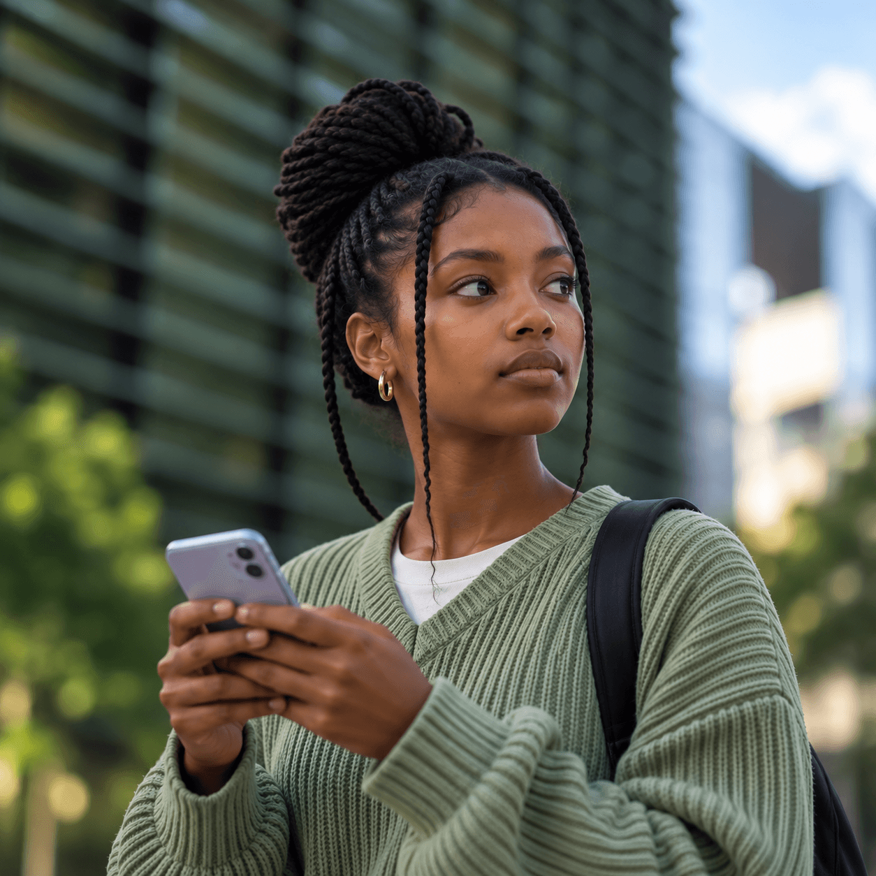 A woman holding her phone, looking away